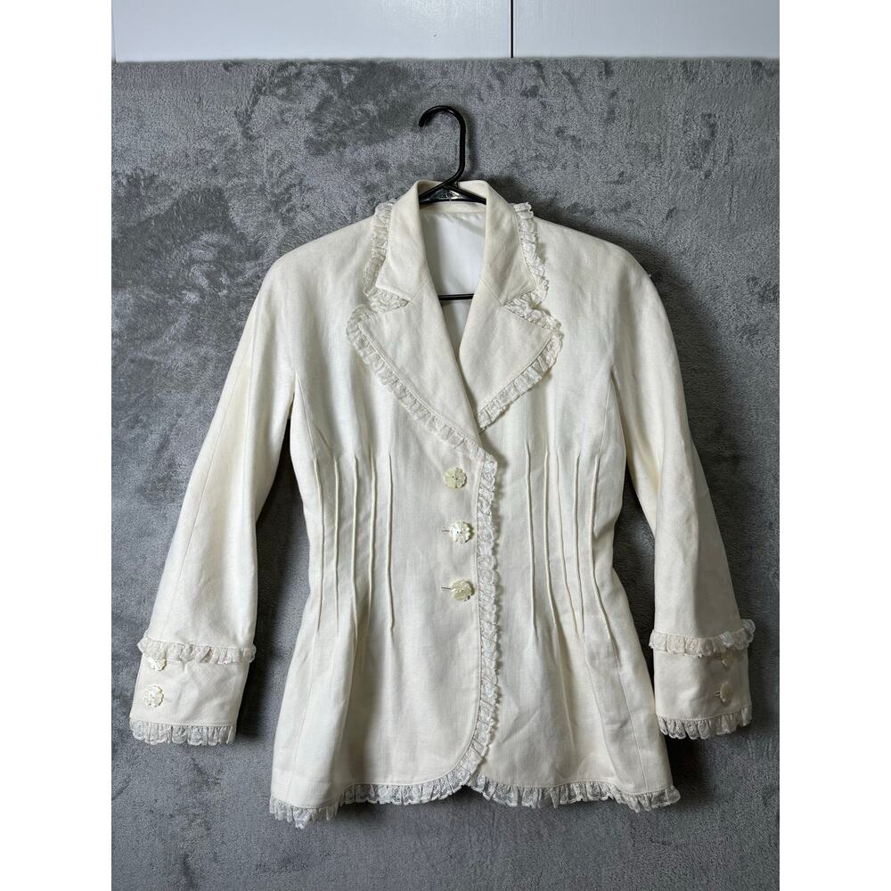 Vintage Ivory Ruffle Trim Jacket Blazer Cottagecore Prairie Feminine Buttons